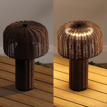 Mia 10" Modern Scandinavian Indoor/Outdoor Faux Wicker Rechargeable/Cordless Dimmable Integrated LED Table Lamp, Set of 2